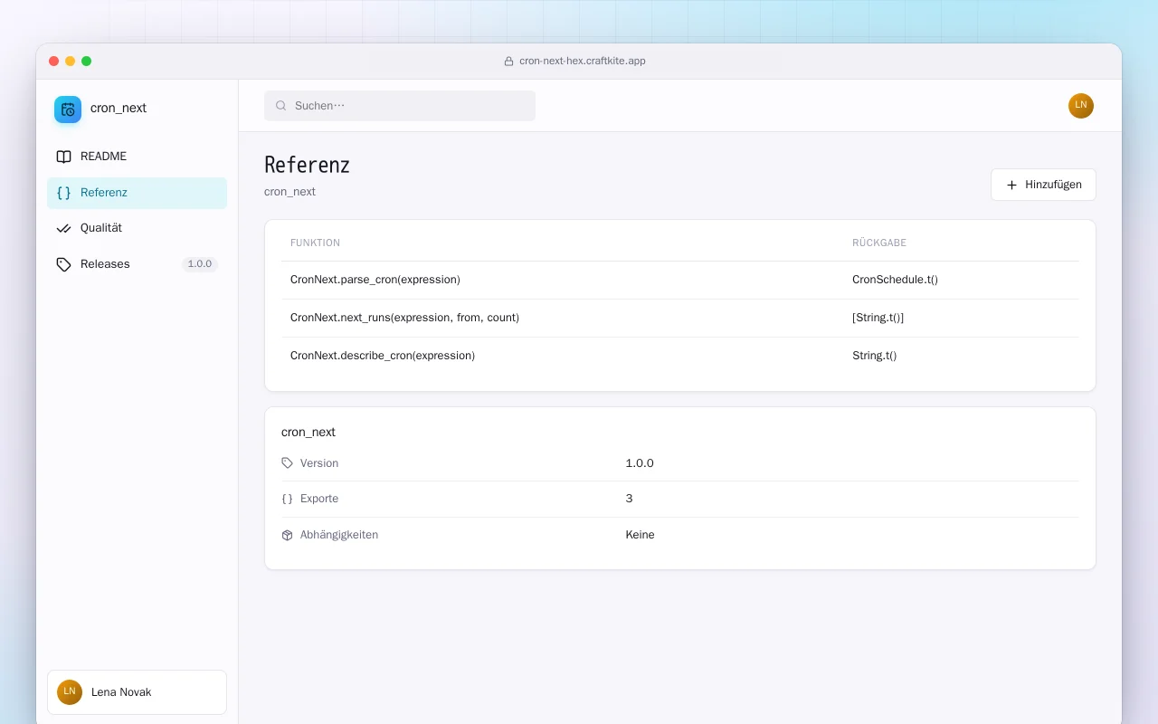 Cron Next (Elixir): der Bildschirm „Referenz“