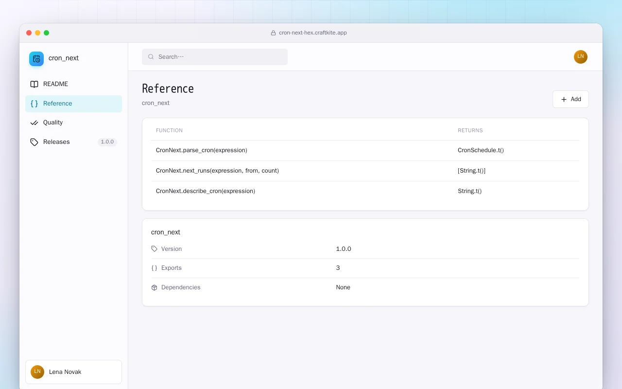 Cron Next (Elixir): the Reference screen