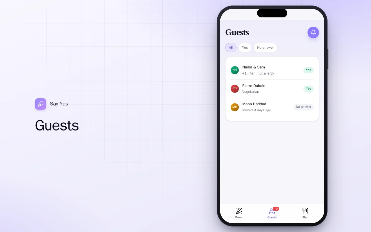 Party RSVP and guest list: the Guests screen