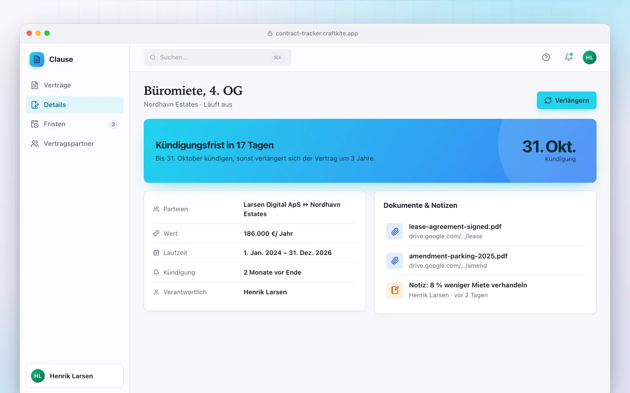 Vertragsverwaltung: der Bildschirm „Büromiete, 4. OG“