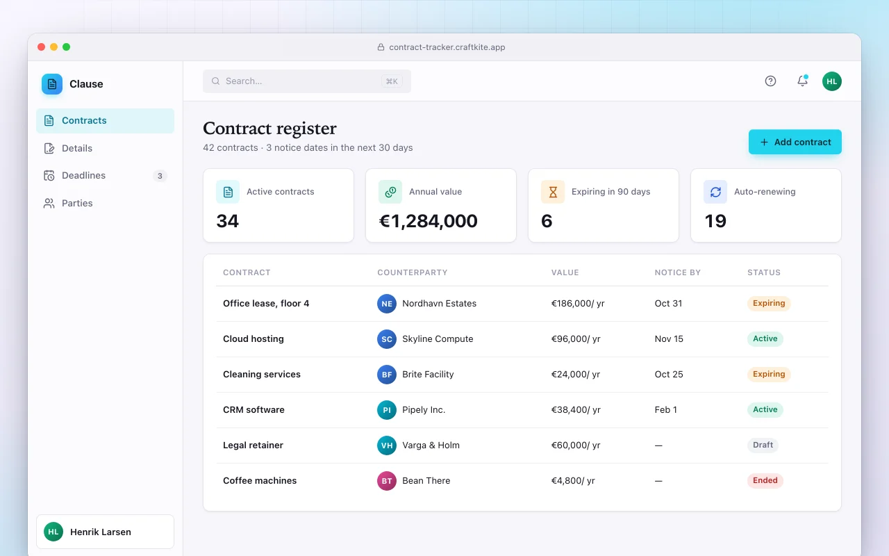 Contract tracker: the Contract register screen
