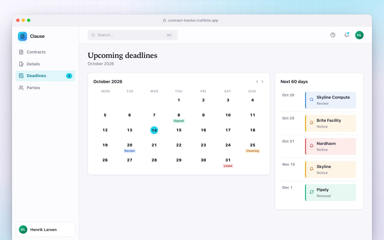 Contract tracker: the Upcoming deadlines screen