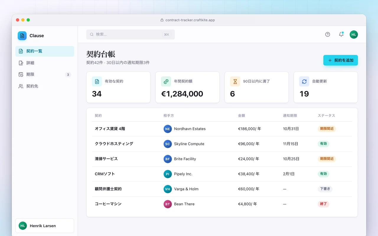 契約管理：契約台帳画面