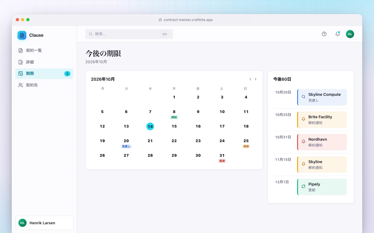 契約管理：今後の期限画面
