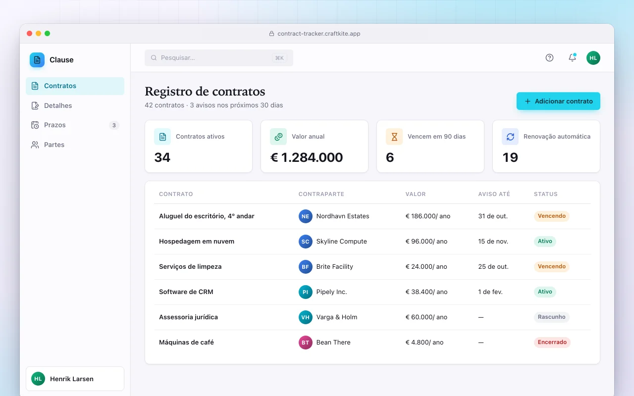 Controle de contratos: a tela Registro de contratos