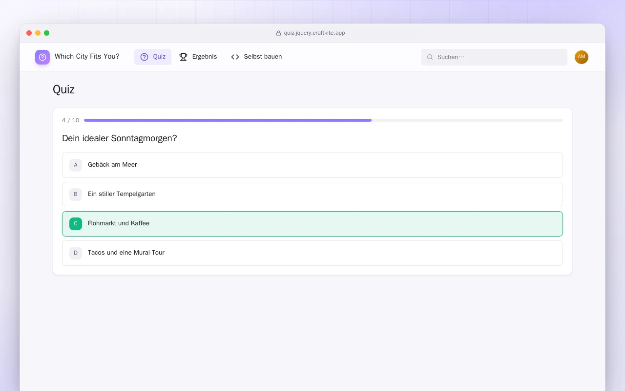Quizseite (HTML): der Bildschirm „Quiz“