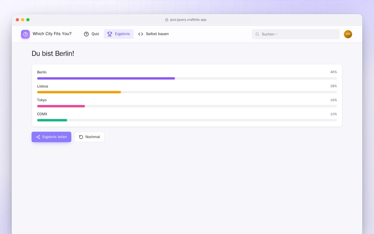 Quizseite (HTML): der Bildschirm „Du bist Berlin!“