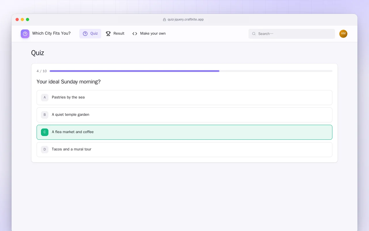 Quiz Page (HTML): the Quiz screen