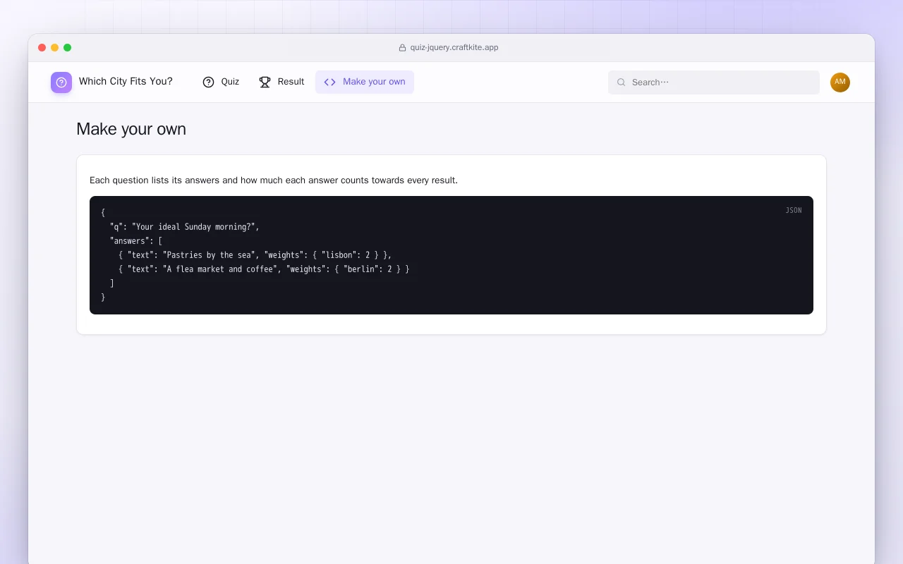 Quiz Page (HTML): the Make your own screen