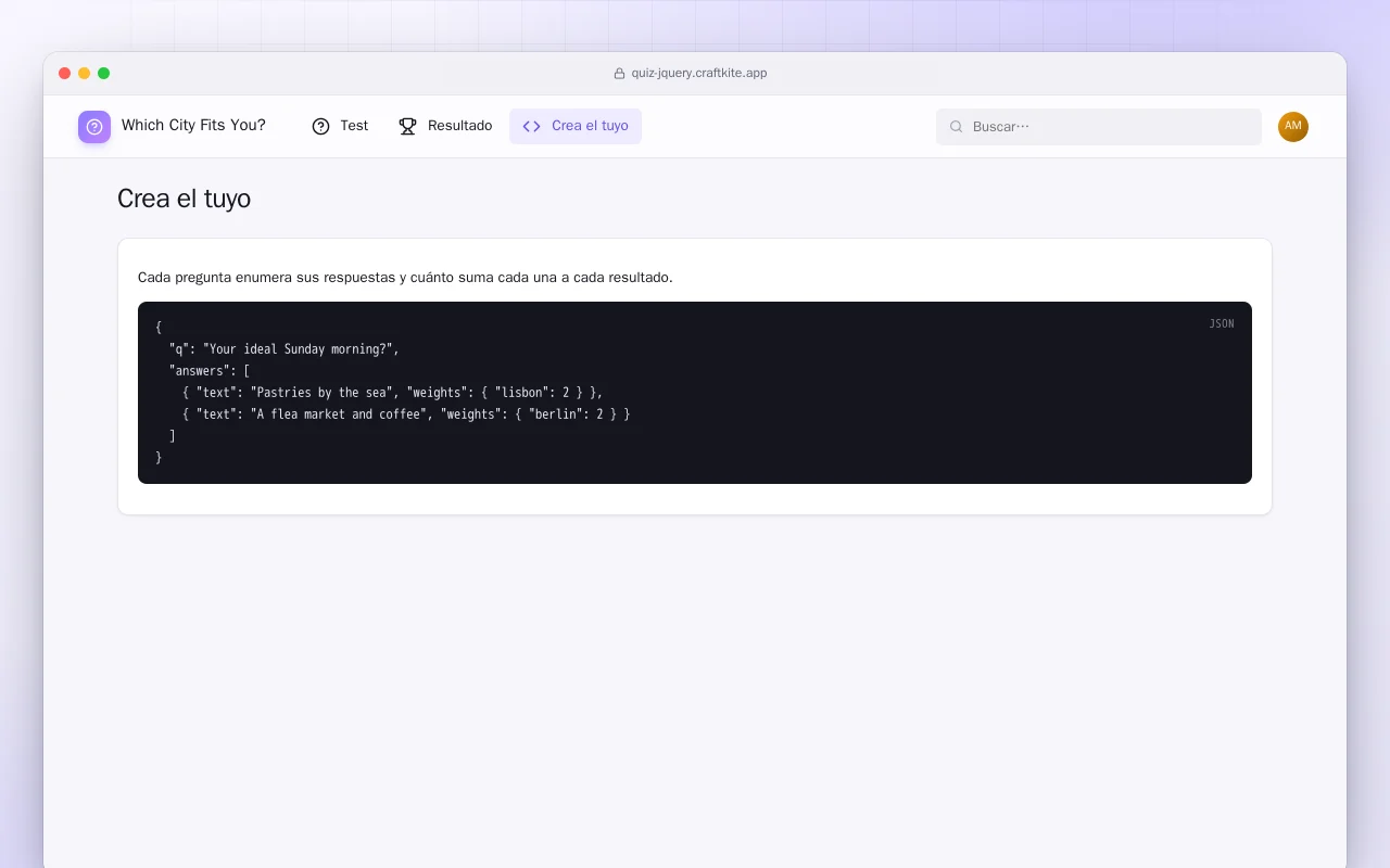 Página de test (HTML): la pantalla Crea el tuyo