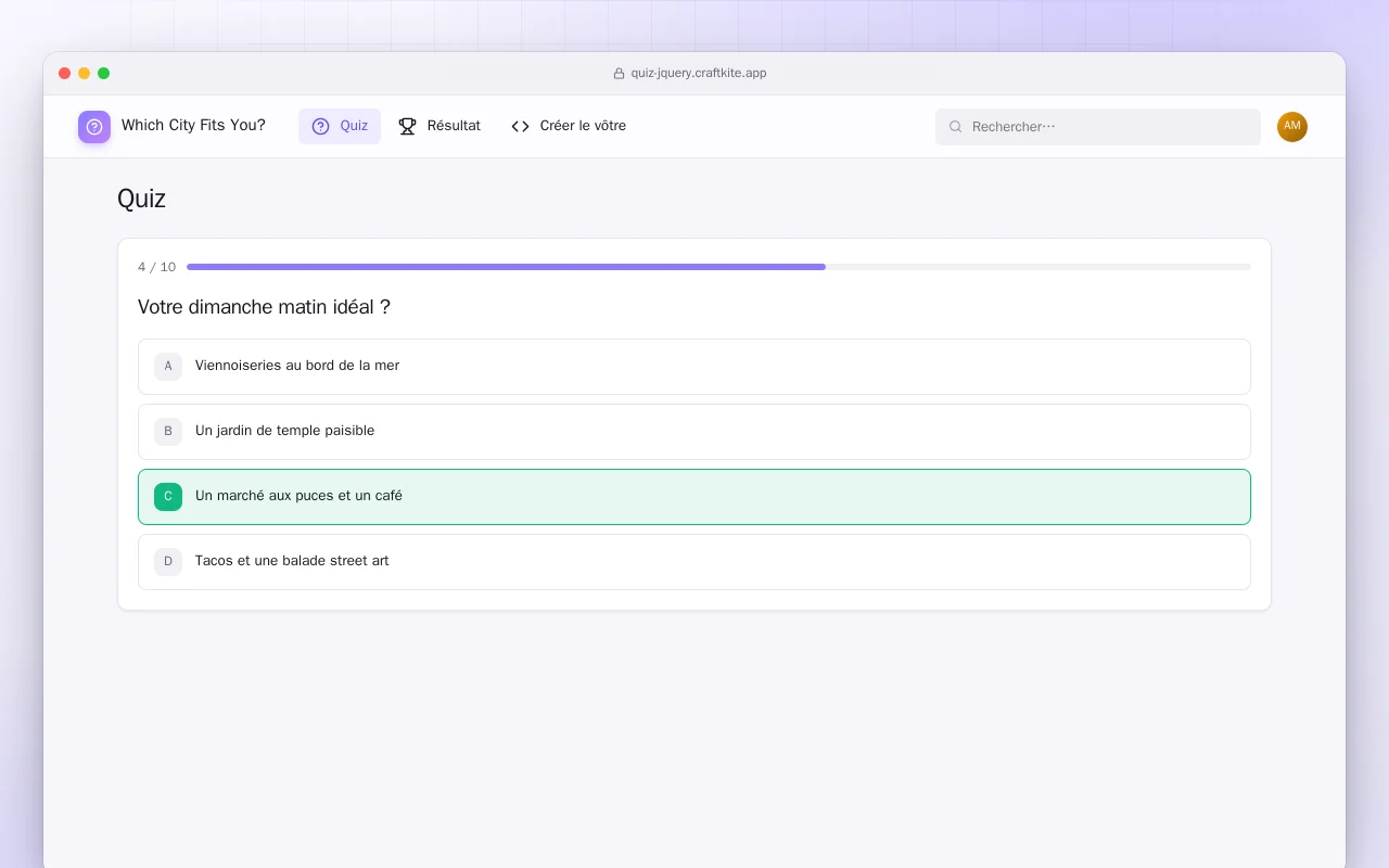 Page de quiz (HTML) : l’écran Quiz