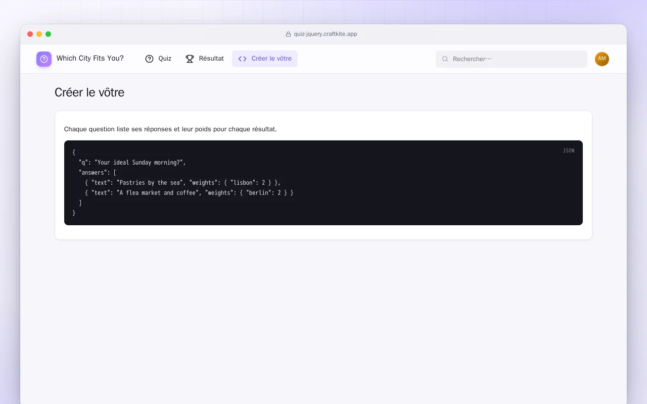 Page de quiz (HTML) : l’écran Créer le vôtre