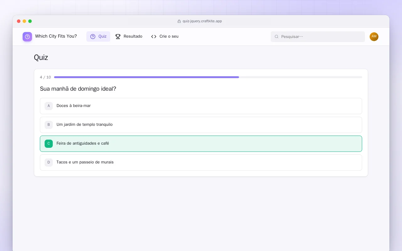 Página de quiz (HTML): a tela Quiz