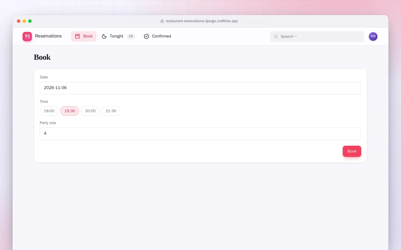 Restaurant Reservations (Django): the Book screen