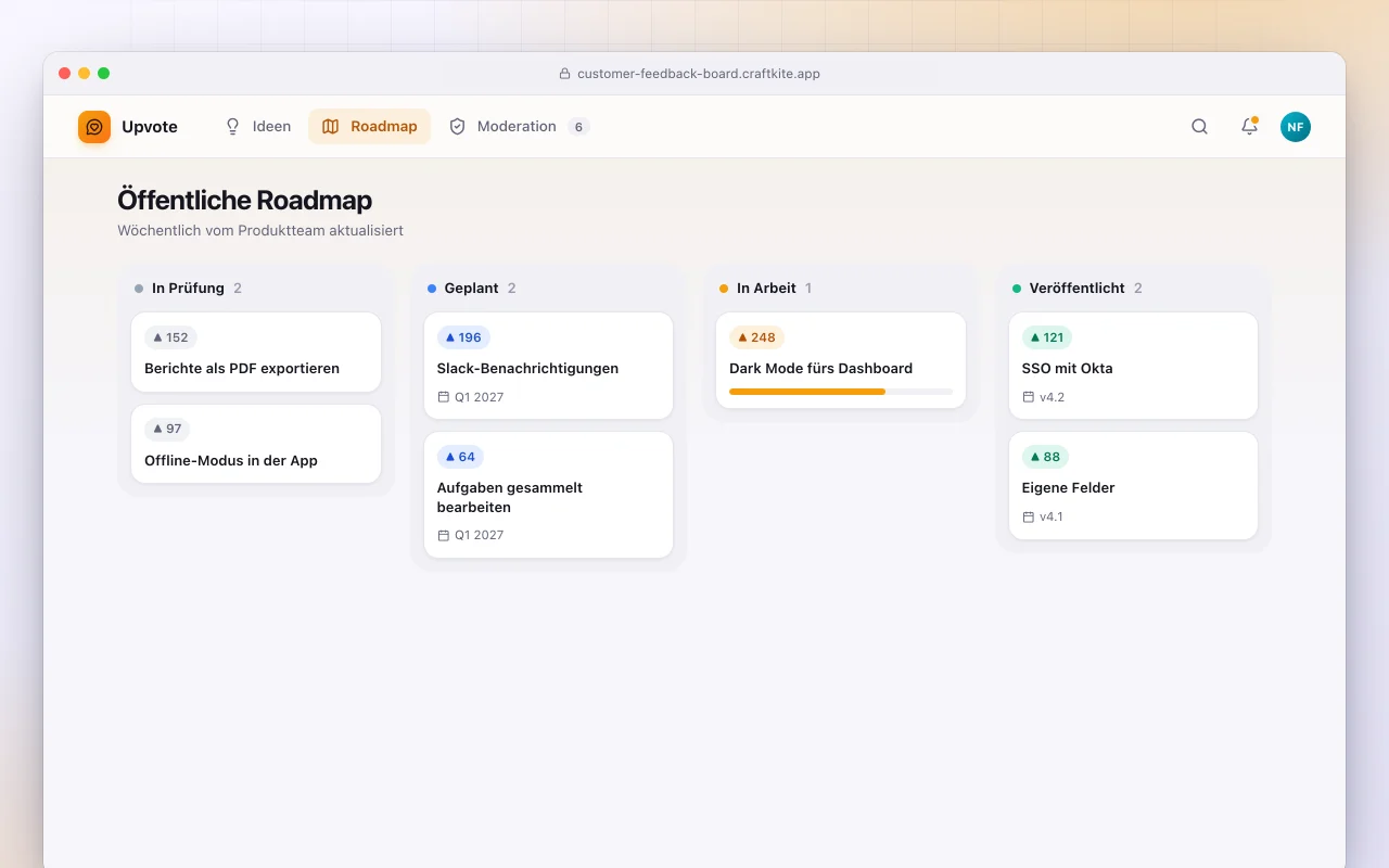 Kunden-Feedback-Board: der Bildschirm „Öffentliche Roadmap“