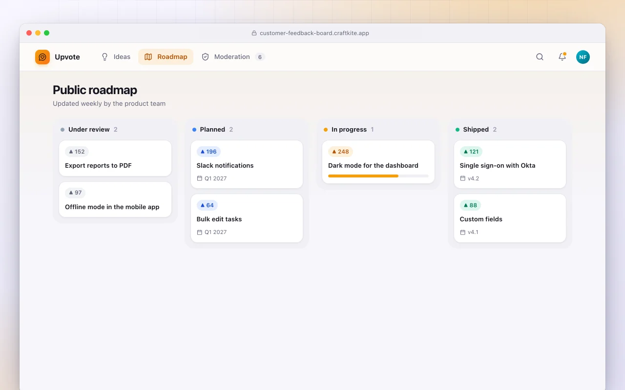 Customer feedback board: the Public roadmap screen