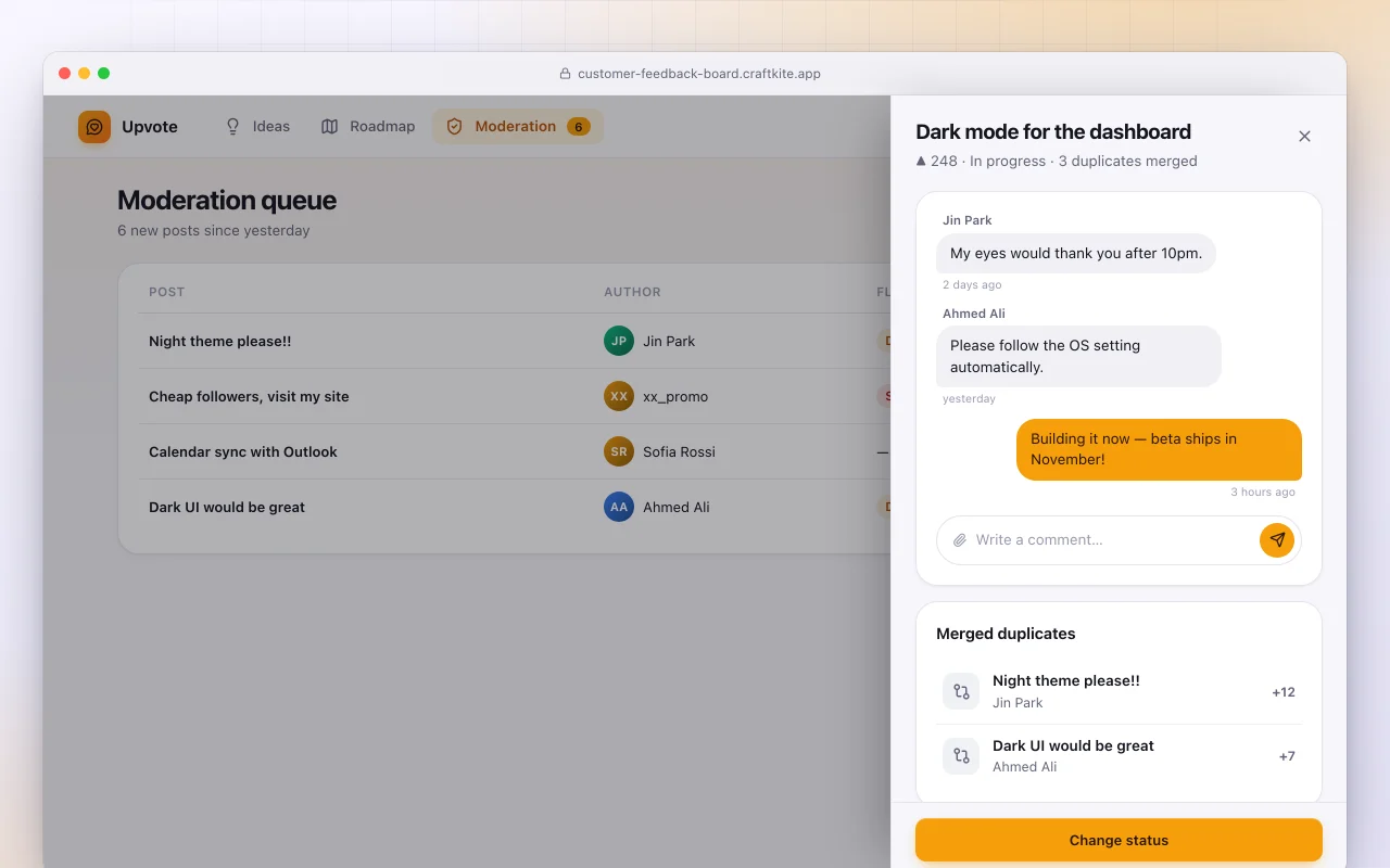 Customer feedback board: the Moderation queue screen