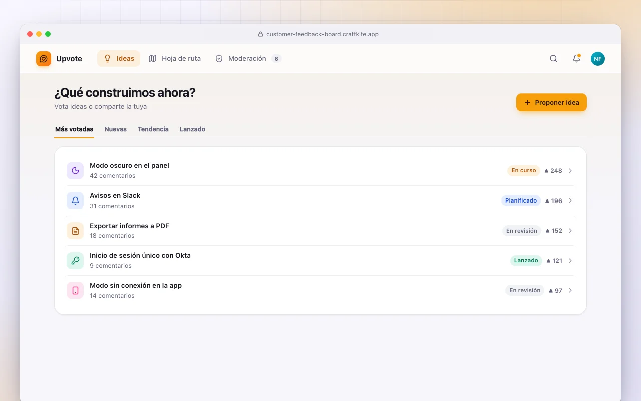 Tablero de opiniones de clientes: la pantalla ¿Qué construimos ahora?