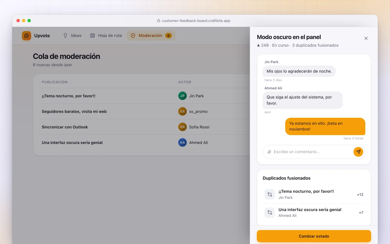 Tablero de opiniones de clientes: la pantalla Cola de moderación