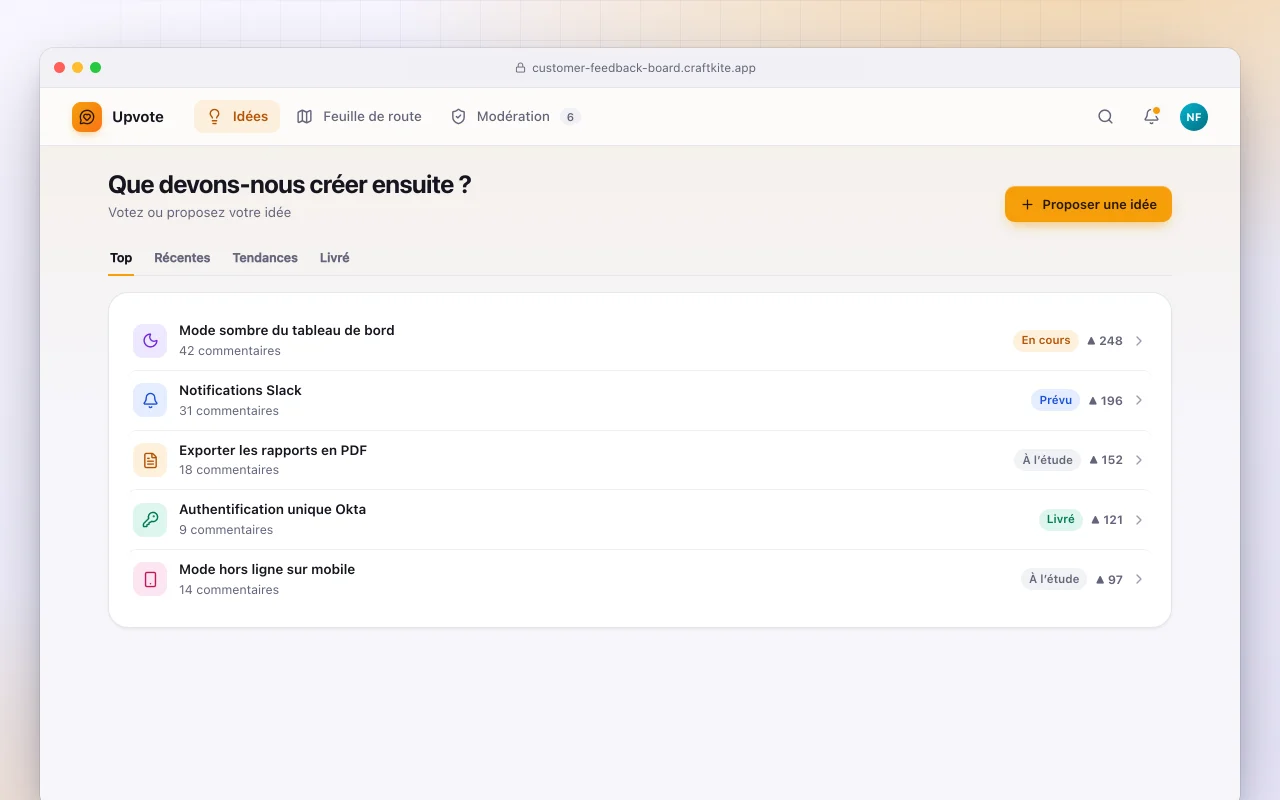 Tableau des retours clients : l’écran Que devons-nous créer ensuite ?