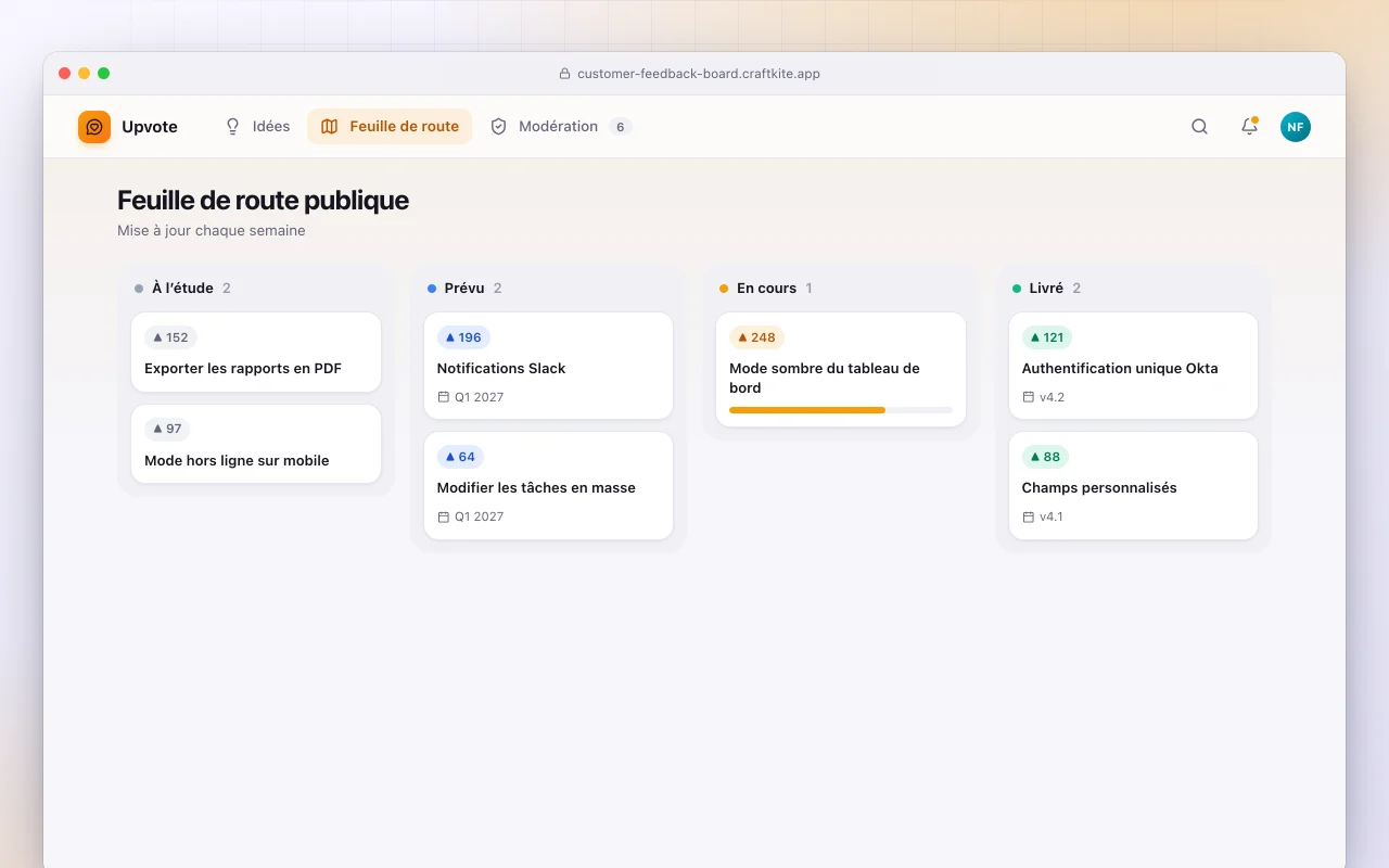 Tableau des retours clients : l’écran Feuille de route publique
