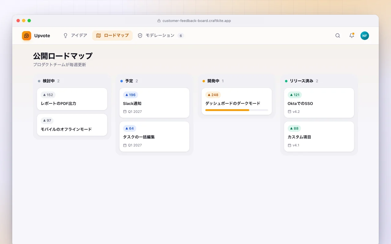 顧客フィードバックボード：公開ロードマップ画面