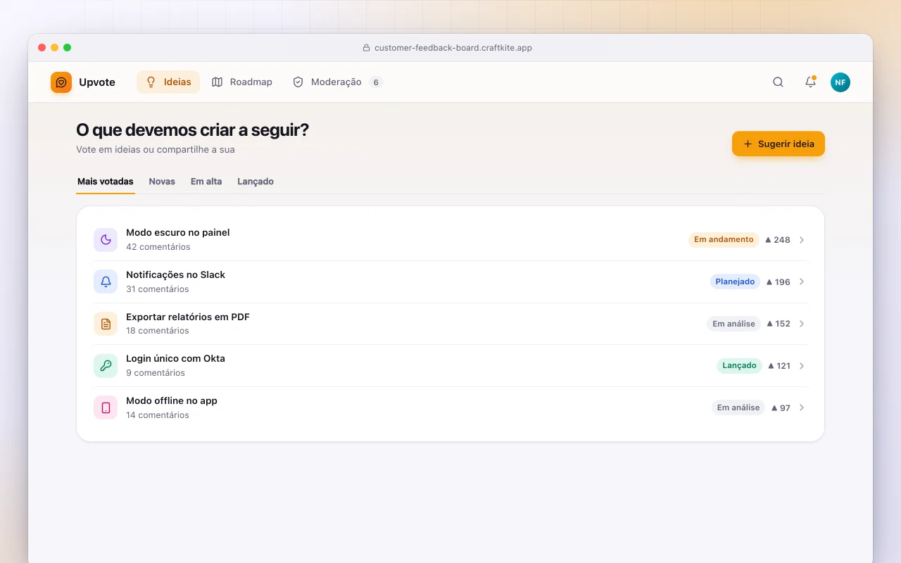 Quadro de feedback de clientes: a tela O que devemos criar a seguir?