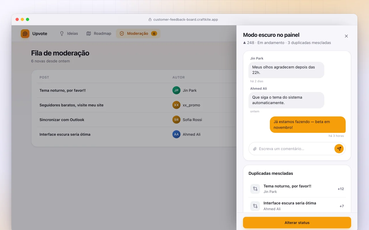 Quadro de feedback de clientes: a tela Fila de moderação