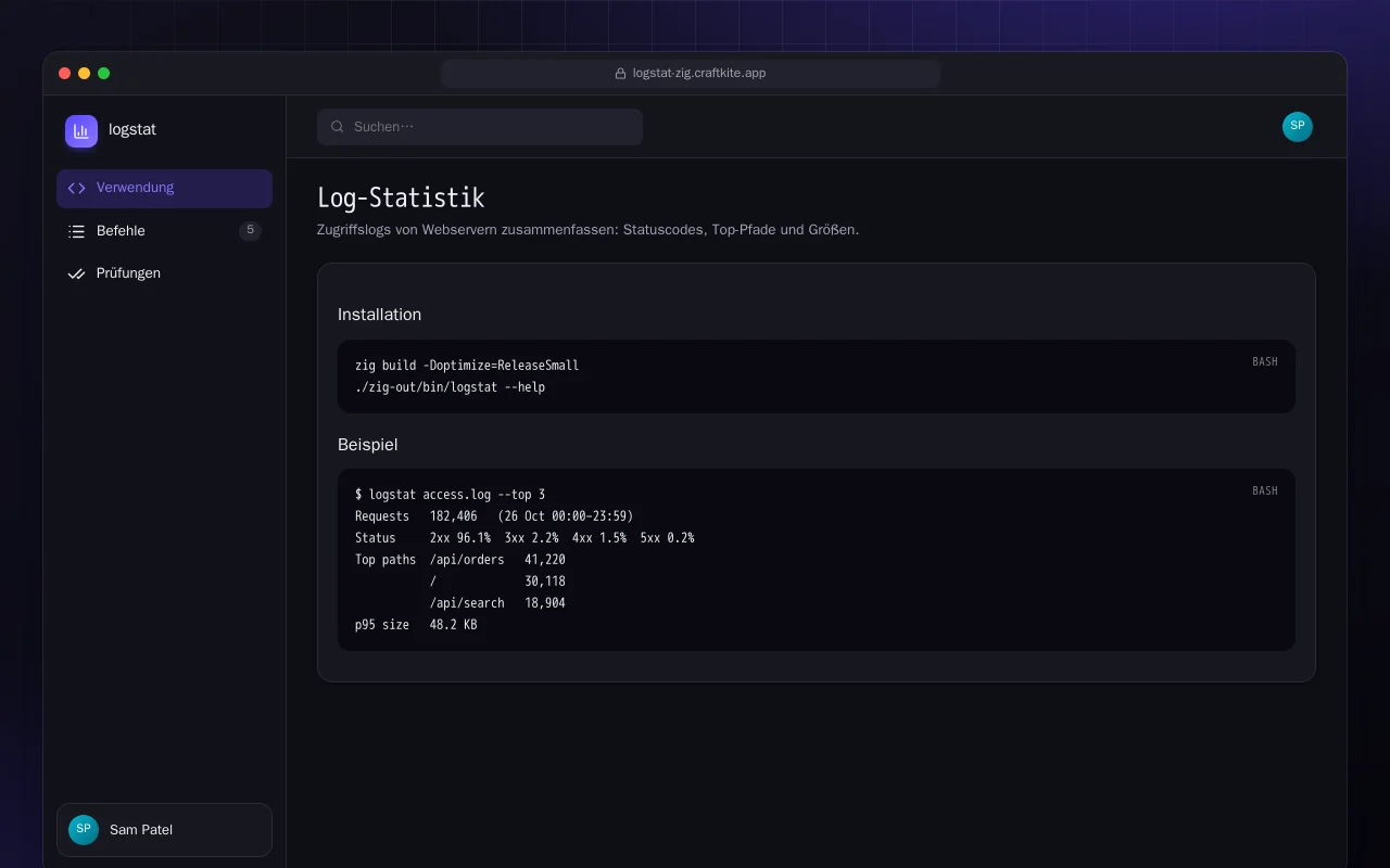 Log-Statistik (Zig): der Bildschirm „Log-Statistik“