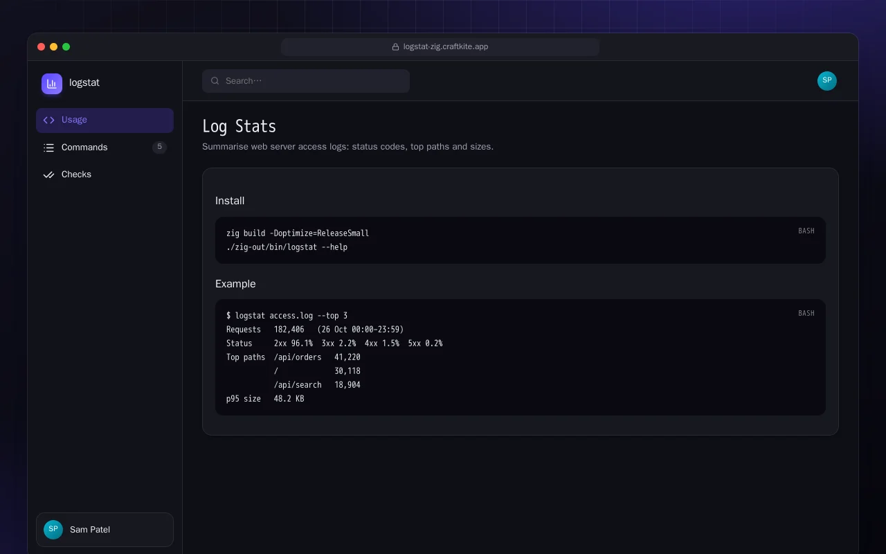 Log Stats (Zig): the Log Stats screen