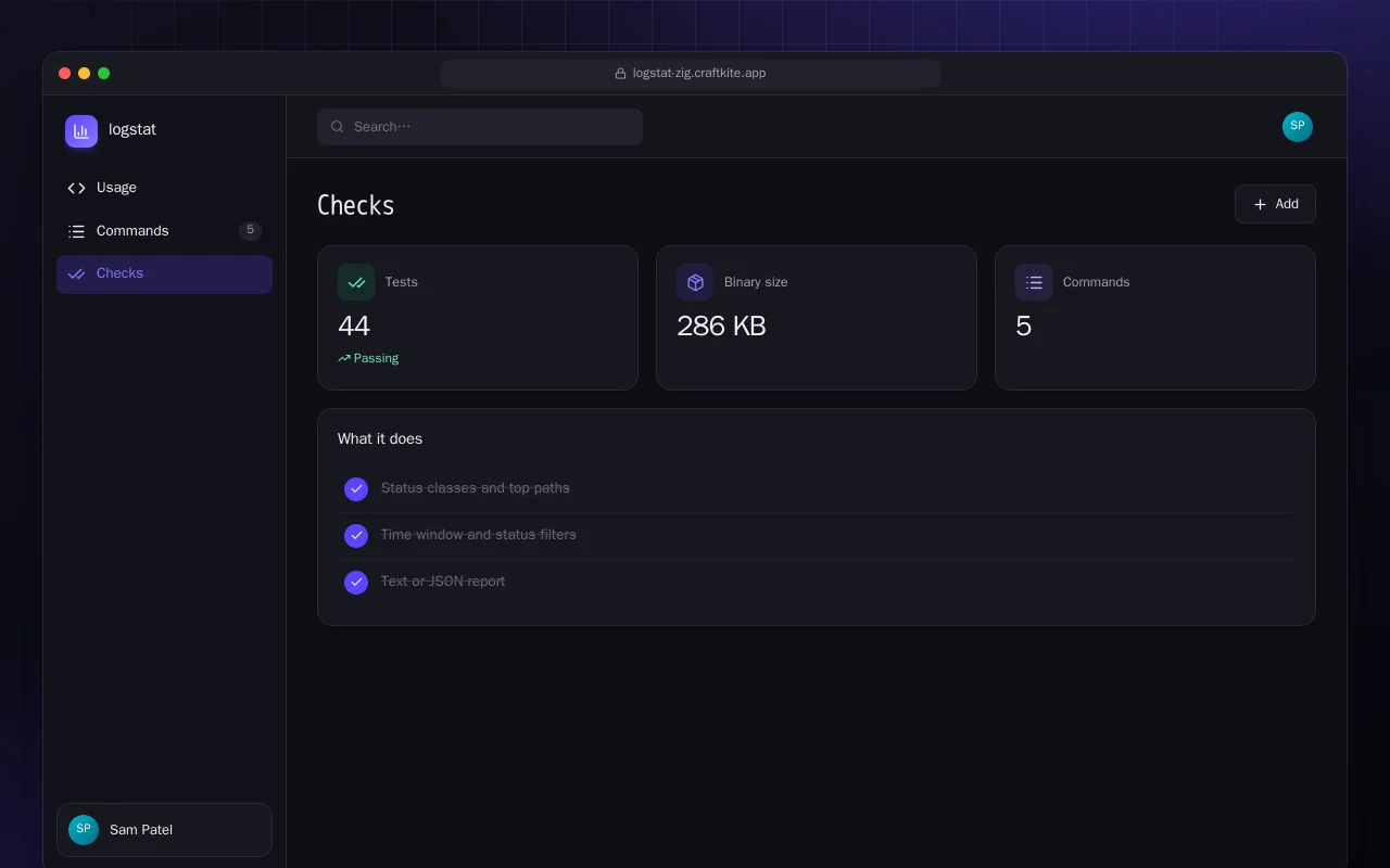 Log Stats (Zig): the Checks screen