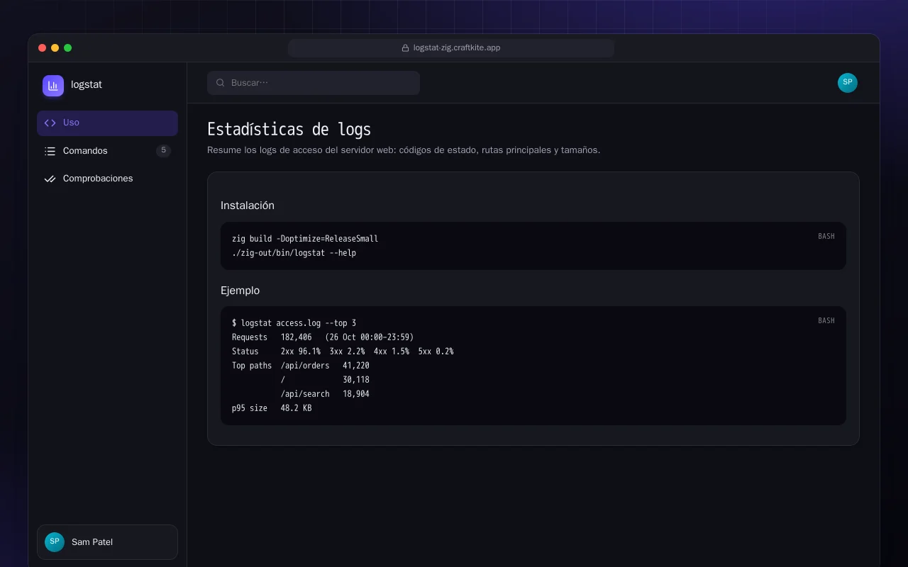 Estadísticas de logs (Zig): la pantalla Estadísticas de logs