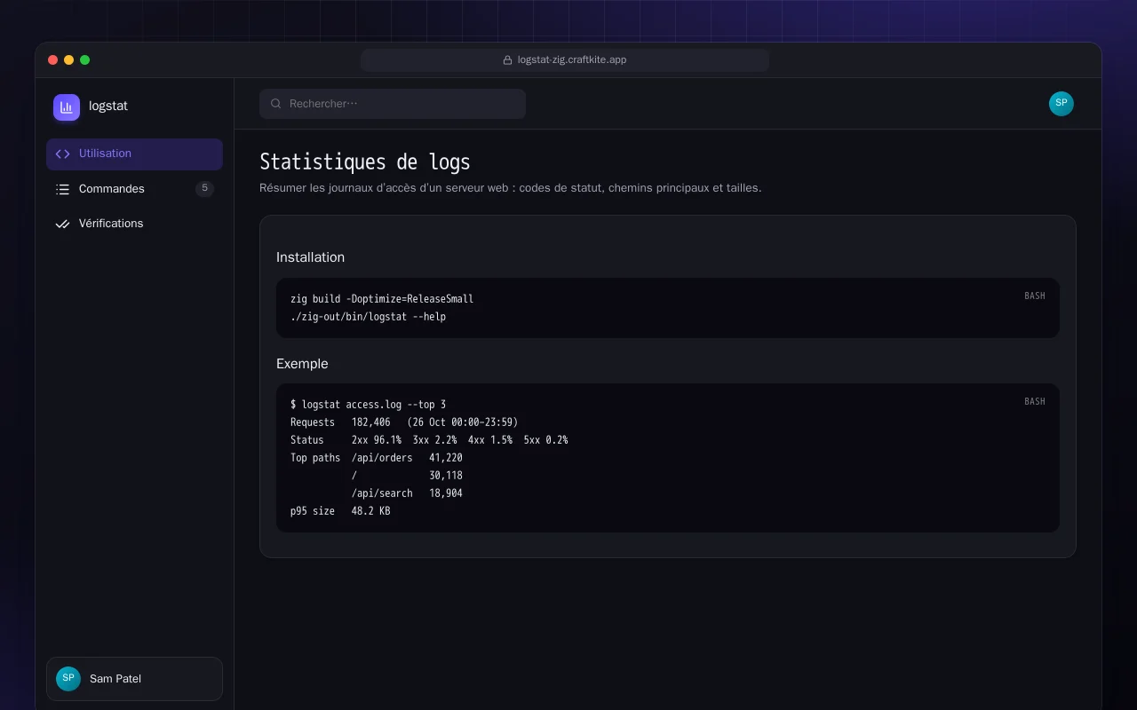 Statistiques de logs (Zig) : l’écran Statistiques de logs