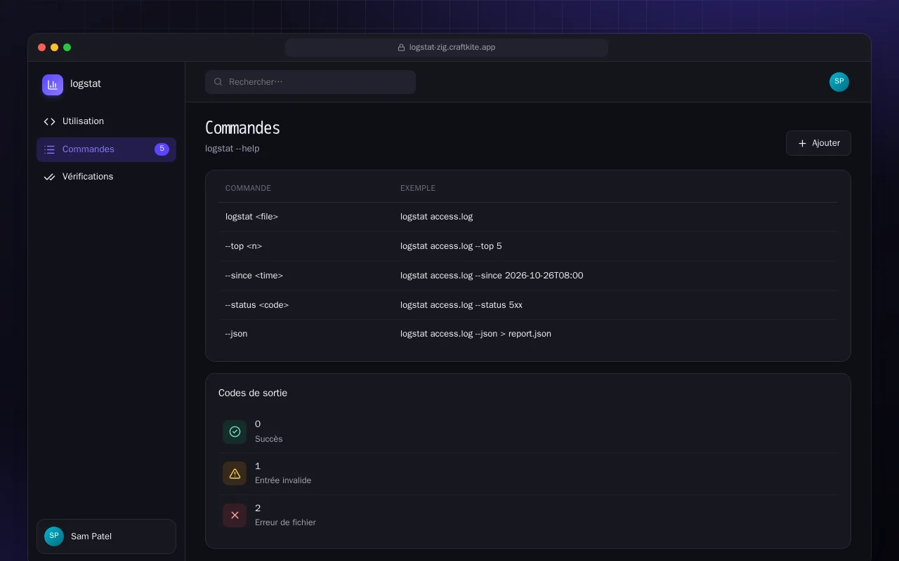 Statistiques de logs (Zig) : l’écran Commandes