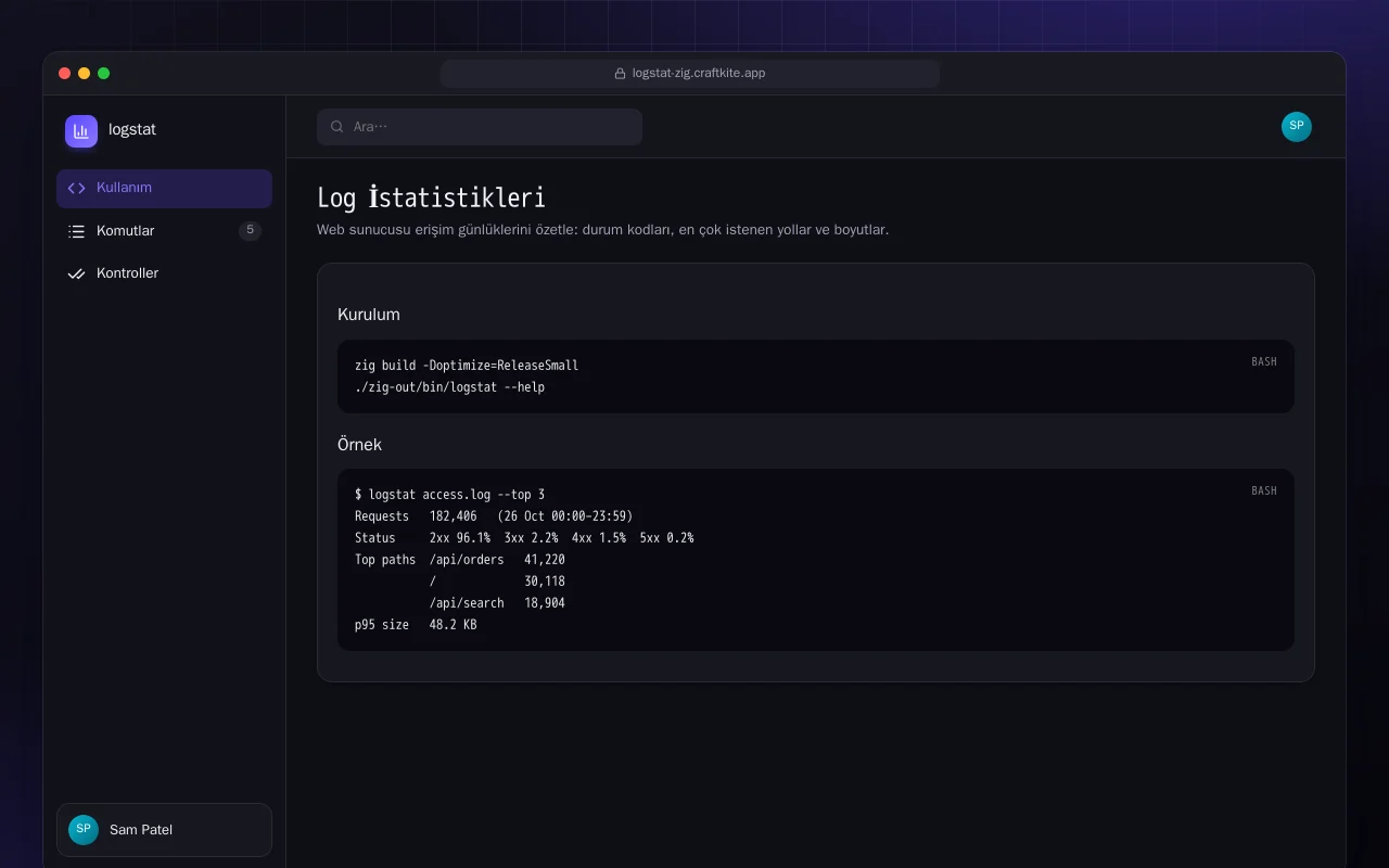 Log İstatistikleri (Zig): Log İstatistikleri ekranı