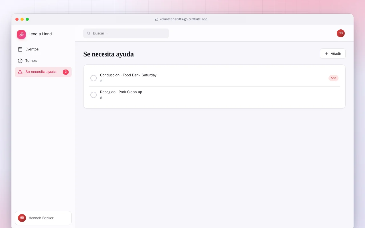 Turnos de voluntariado (Go): la pantalla Se necesita ayuda