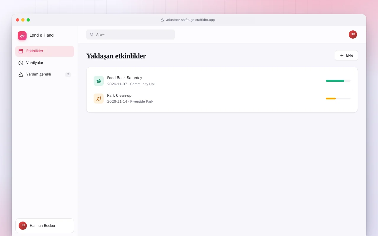 Gönüllü Vardiyaları (Go): Yaklaşan etkinlikler ekranı