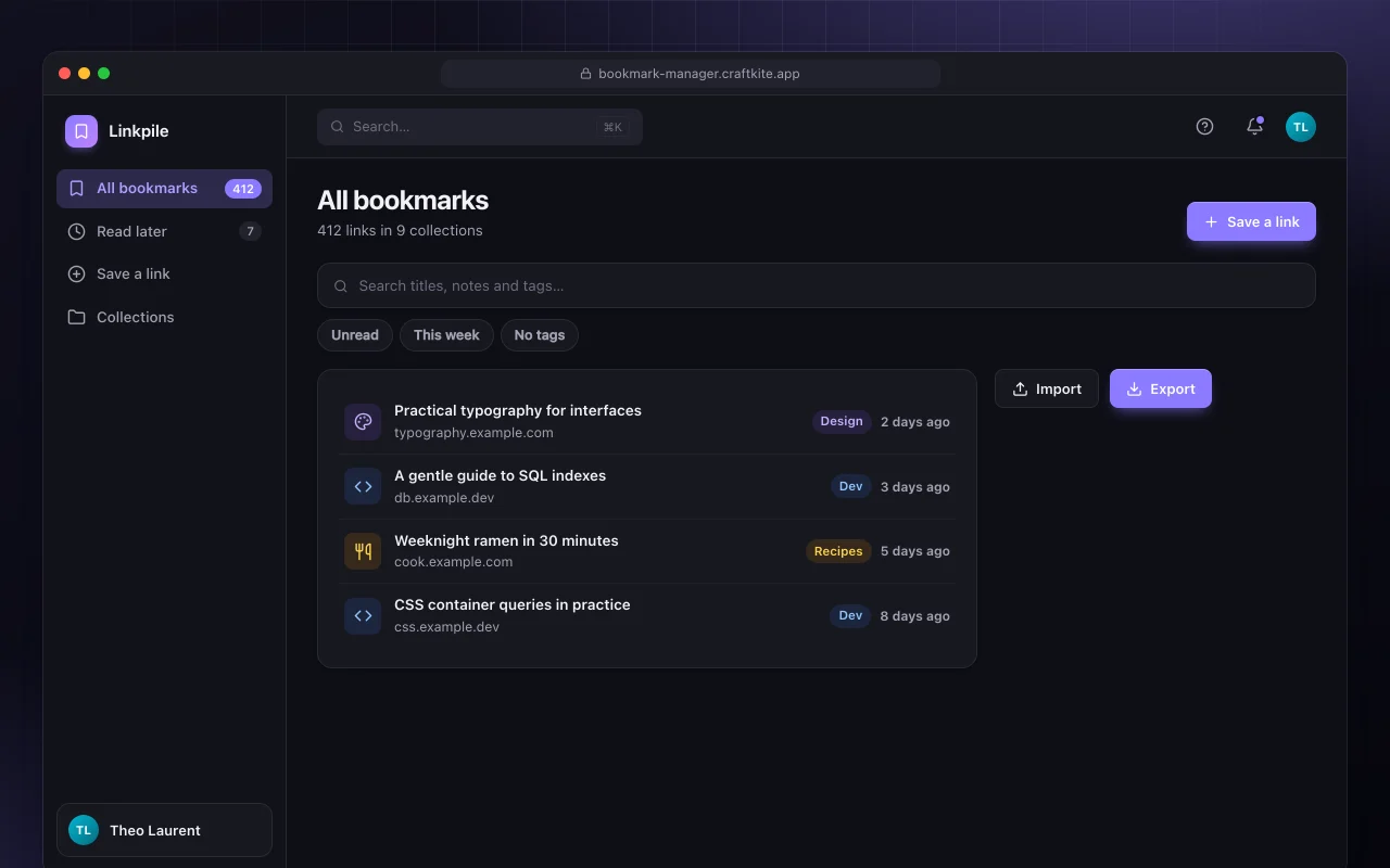Bookmark manager: the All bookmarks screen