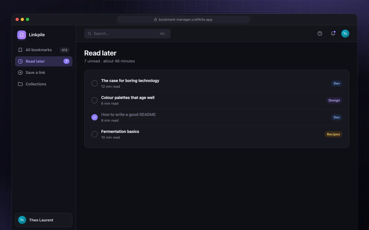 Bookmark manager: the Read later screen
