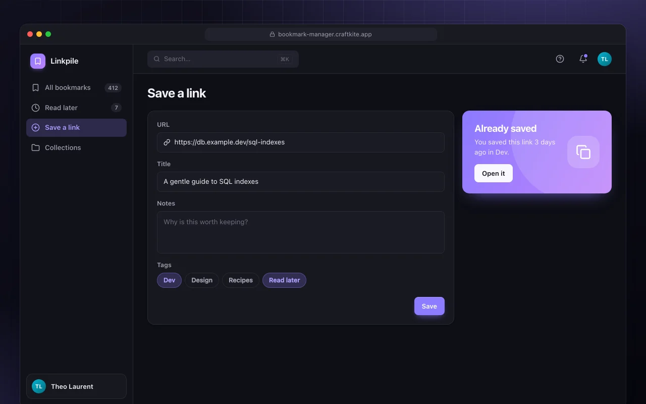 Bookmark manager: the Save a link screen