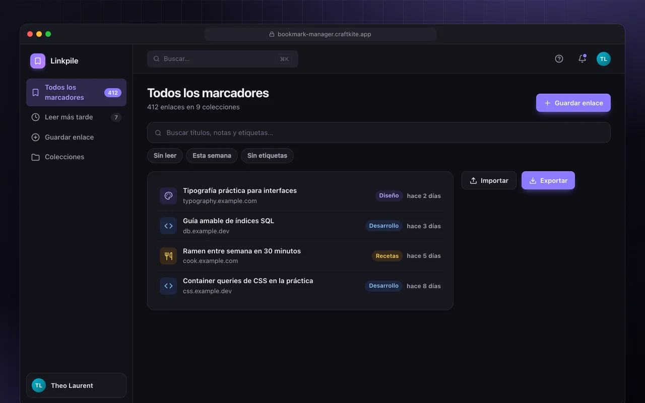 Gestor de marcadores: la pantalla Todos los marcadores