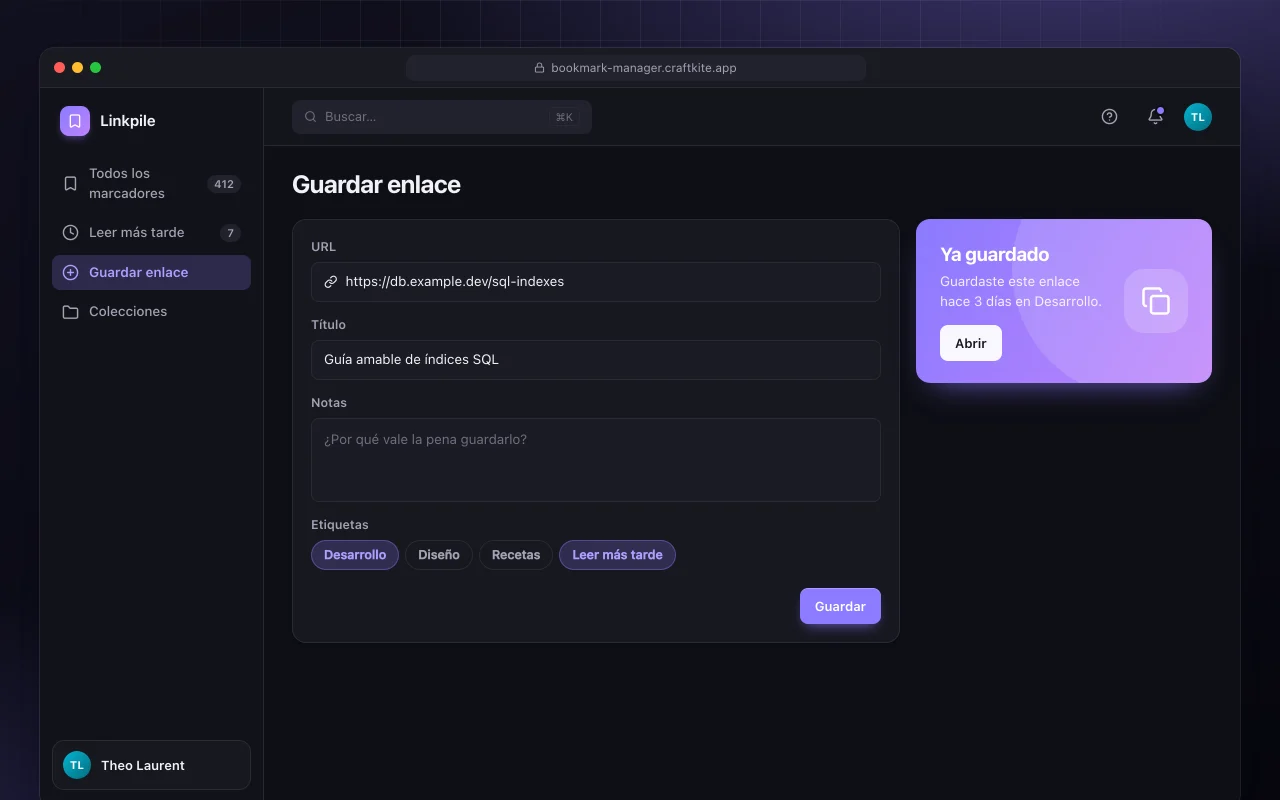 Gestor de marcadores: la pantalla Guardar enlace
