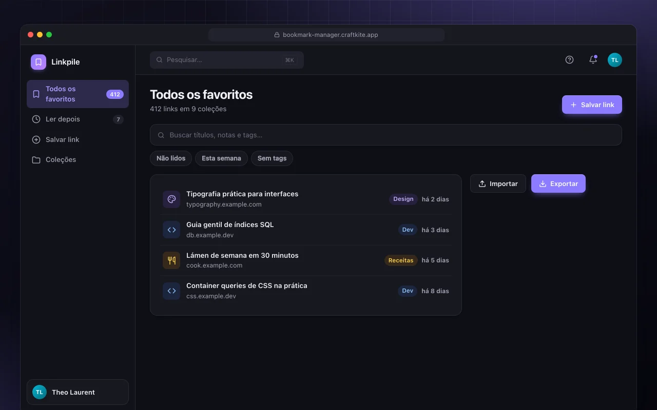 Gerenciador de favoritos: a tela Todos os favoritos