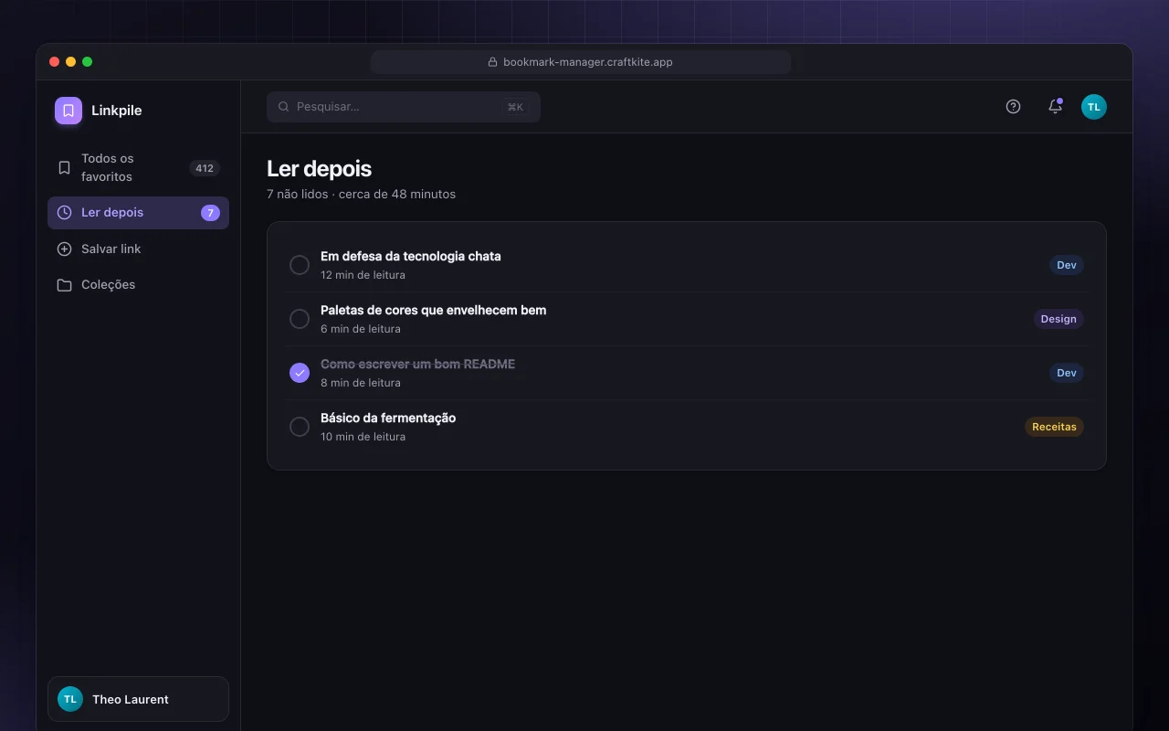 Gerenciador de favoritos: a tela Ler depois