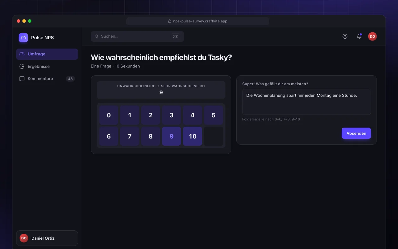 NPS-Kurzumfrage: der Bildschirm „Wie wahrscheinlich empfiehlst du Tasky?“