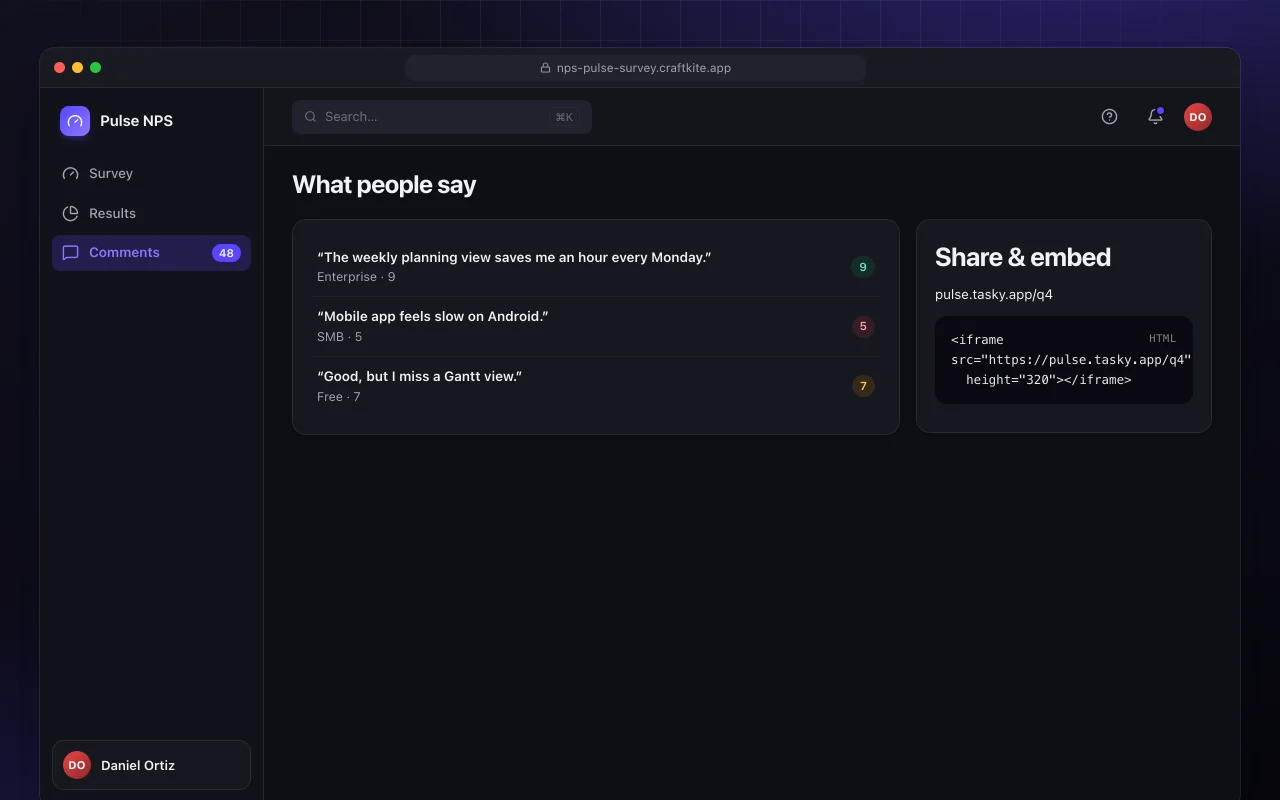 NPS pulse survey: the What people say screen