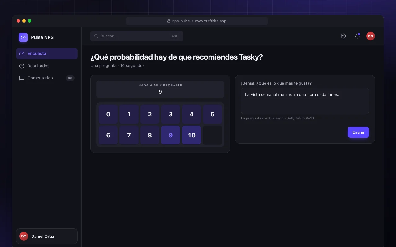 Encuesta rápida de NPS: la pantalla ¿Qué probabilidad hay de que recomiendes Tasky?