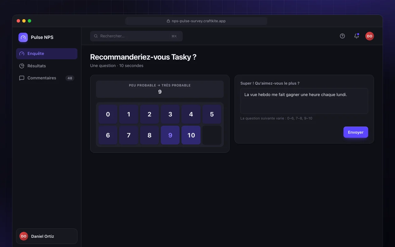 Enquête flash NPS : l’écran Recommanderiez-vous Tasky ?