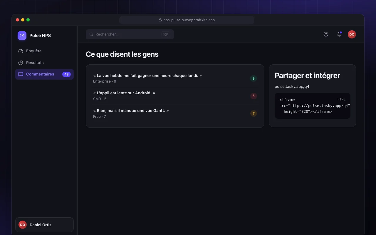 Enquête flash NPS : l’écran Ce que disent les gens