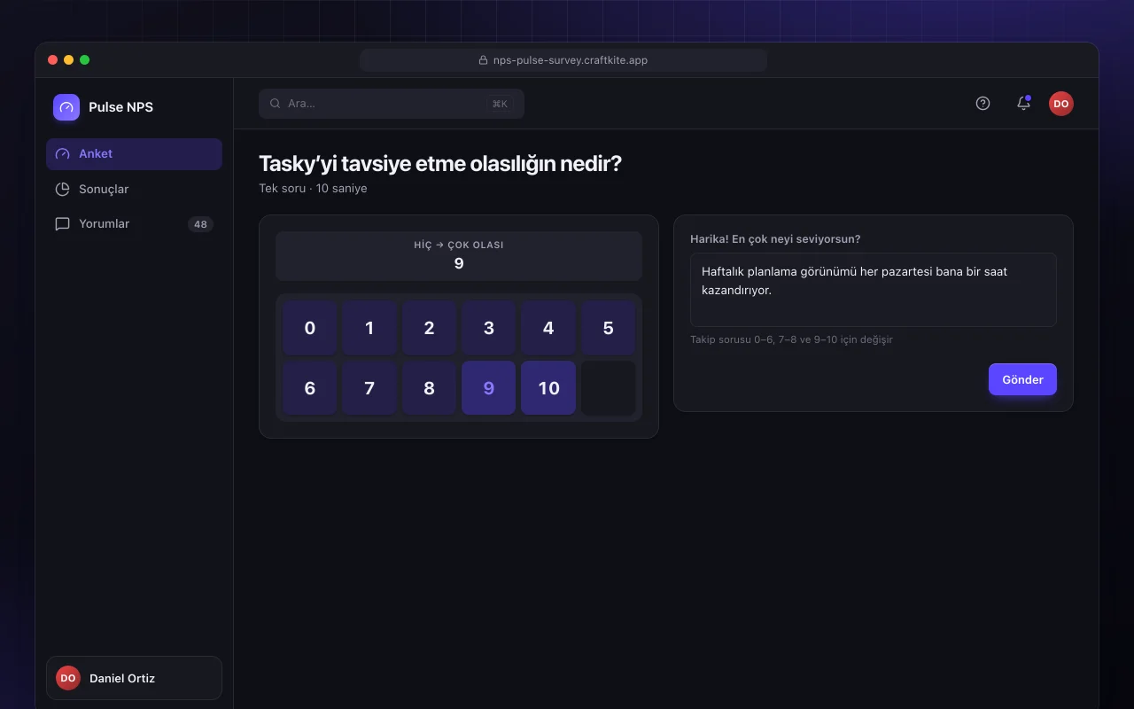 NPS nabız anketi: Tasky’yi tavsiye etme olasılığın nedir? ekranı